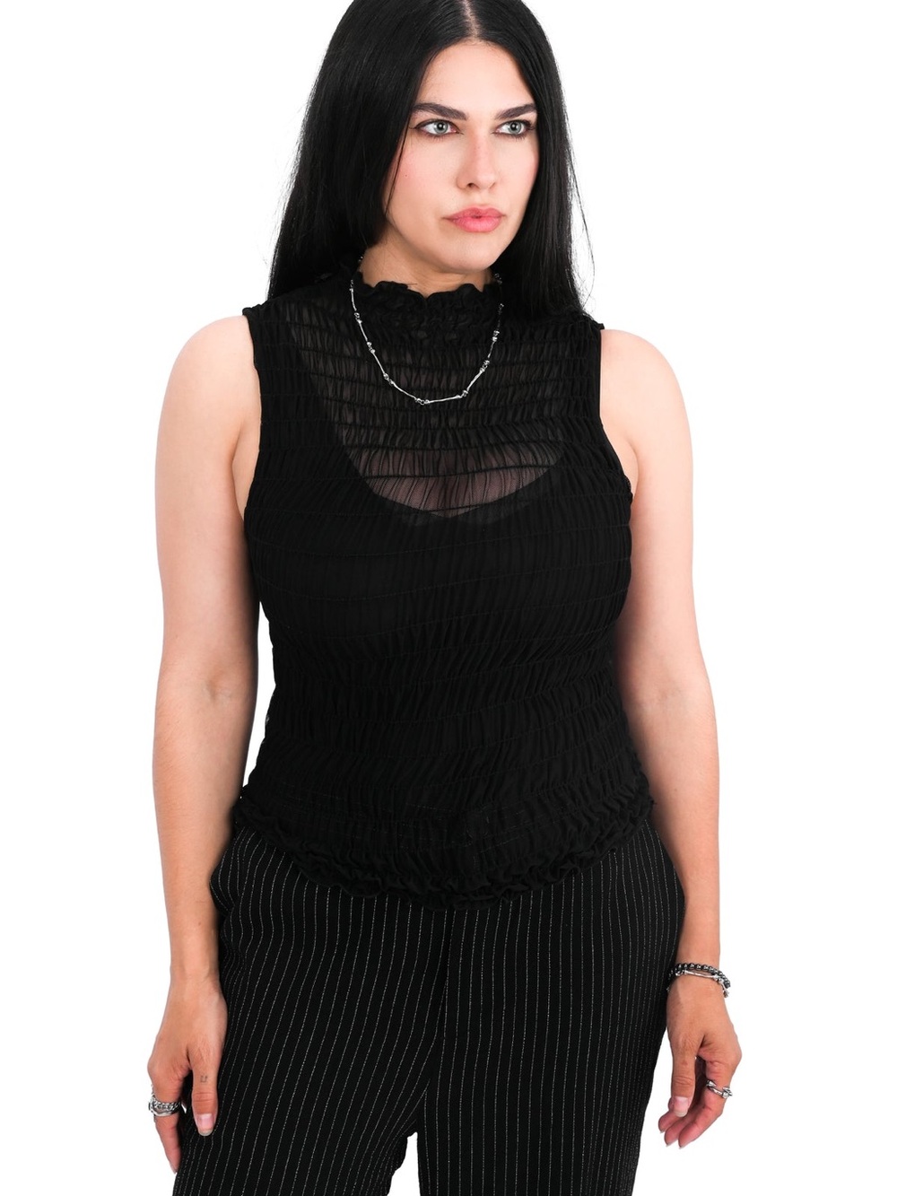 Smocked Mock-Neck Black Camisole